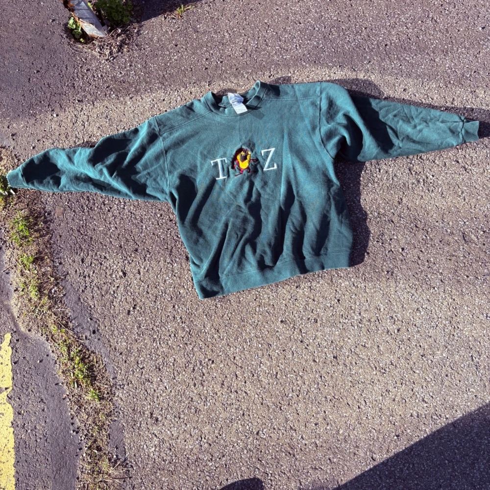 Vintage Looney Tunes Taz Embroidered Sweatshirt Green Mens Medium Made in USA